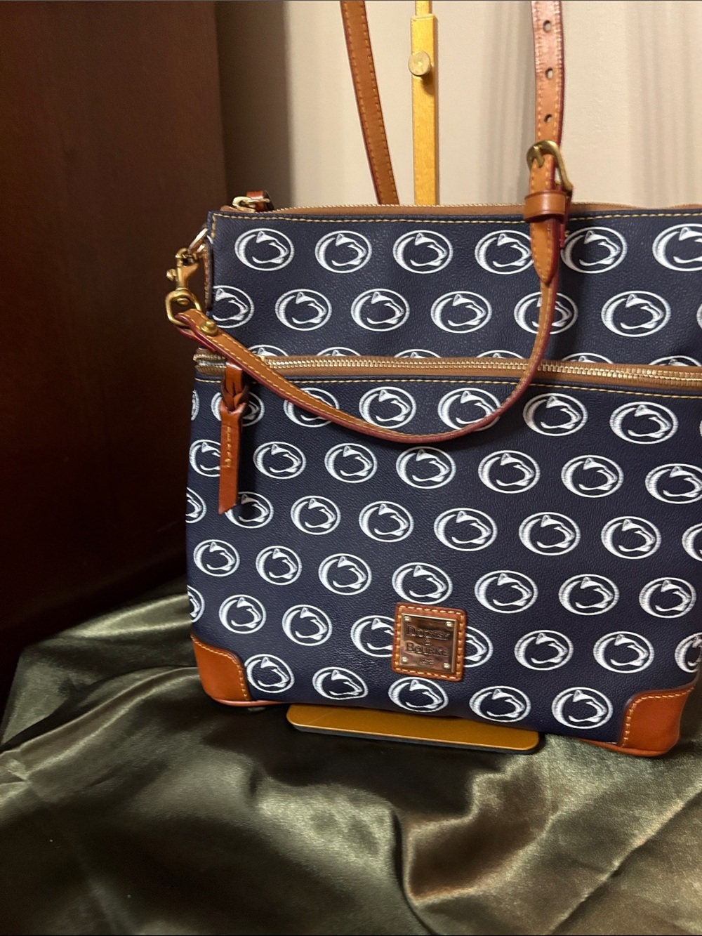 Dooney & Bourke Navy and White Penn State Logo Shoulder Bag with Brown Trim
